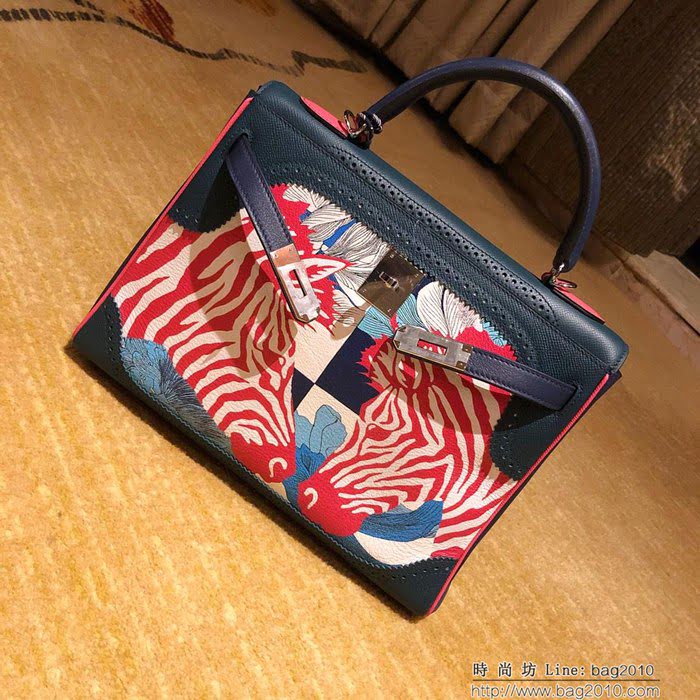 HERMES愛馬仕 凱莉包 kelly 32cm 拼接印花圖案 時尚手提包  Ama1406